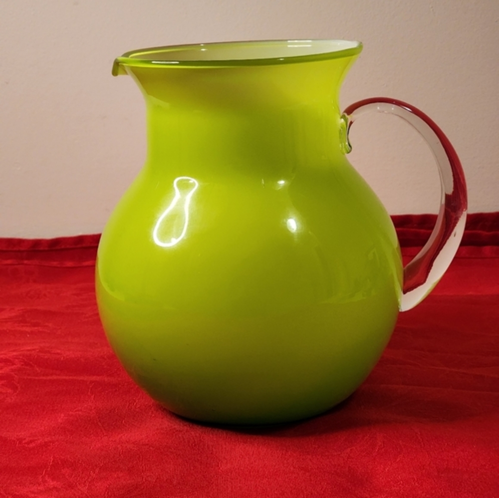 Vintage Glass‎ Lime Green Drinking Pitcher Clear Handle